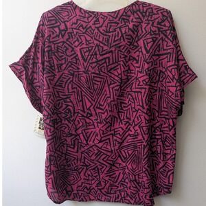 Vtg Button Front Top Pink Black Geometric Abstract 22W Bold Made in the USA 80s